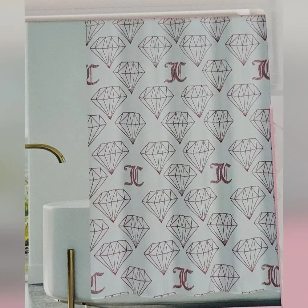 Juicy Couture White Shower Curtain with Pink Diamond Geometric Design New